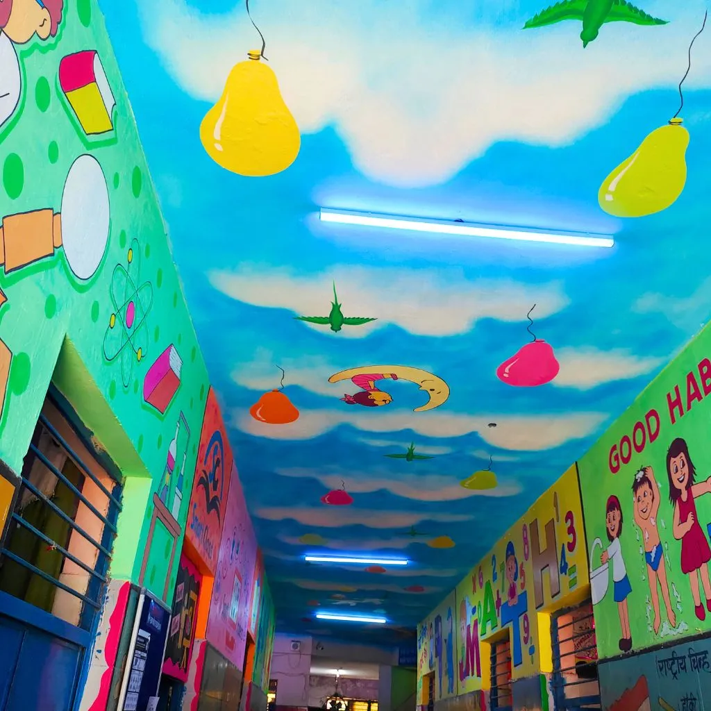 Students admiring new motivational wall paintings in their school